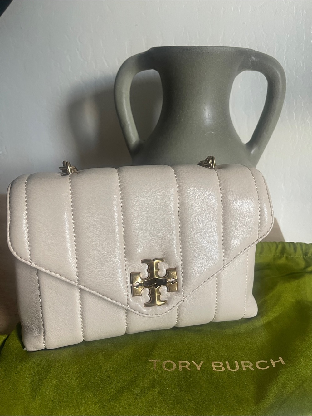 Tory Burch Cream Quilted Leather Crossbody with Gold Logo